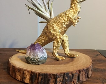 Gold t-rex dinosaur planter with live air plant, desk decor, air planter, gift