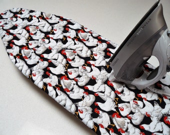Ironing Board Cover TABLE TOP - white chickens chooks on black background