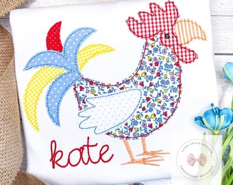 Floral Rooster Applique Shirt or Bodysuit with Initials, Spring, summer, Embroidered, Personalized