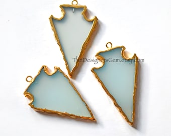 LargeGold Electroplated Aqua Chalcedony Arrowhead, Gold Dipped Arrowhead, Chalcedony Arrowhead Pendant, Bohemian Pendant