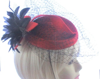 Red and black fascinator hat with widdow netting, Weddings, Rasces Ladies Day