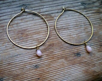 Natural pink opal earrings / pink opal earrings / genuine pink opal / brass earrings