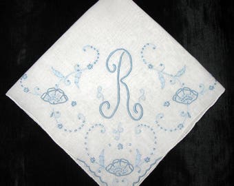 Wedding Handkerchief for Bride, Blue Wedding Hankie, Initial R B E F S D G M or N on White Hankie