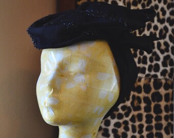 1930s G Howard Hodge Beaded Tilt Hat ~Black Wool Stacked Topper Hat with Elaborate Beading and Self Headband~ : Women's Vintage Hat