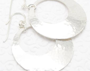 Medium Large Hammered Disc Earrings in Sterling Silver with Peephole