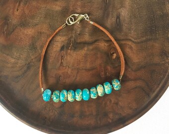 Serpentine Jasper Gemstone Bracelet / Leather Bracelet / Blue Bracelet / Boho Bracelet / Beaded Bracelet / Yoga Bracelet / Festival Bracelet