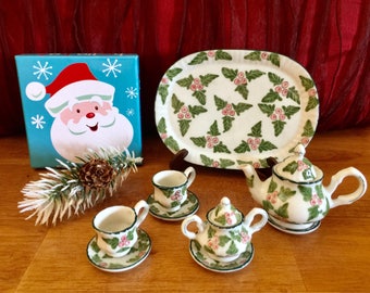 Miniature Teapot Play Set Holly Berries Christmas Gift Dollhouse Tea Party Cups Whimsical Kitchen Holiday Ceramic Winter Alice in Wonderland