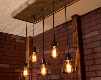 Lighting/ Industrial lighting, Industrial Chandelier, Black With Reclaimed Wood and 5 Pendants. R-1434-BC-5
