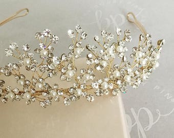 Bridal Tiara Crown/Gold Tiara/Wedding Tiara/Wedding Crown/Gold hair Crown/Gold and Crystal Tiara