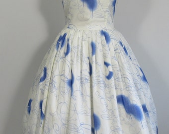 90s PRADA Voile RAW EDGE Finish Sketchy Blue & White Summer Dress-12 Prom, Wedding
