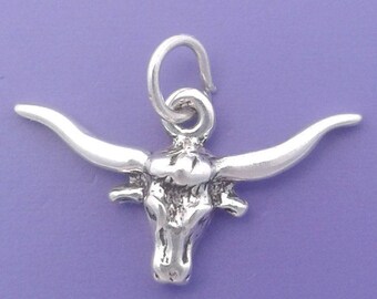 Texas LONGHORN STEER Charm .925 Sterling Silver, Steer Head Pendant - sc092