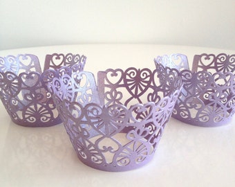 12 Purple Lace Heart Shimmer Laser Cut Cupcake Wrappers, 12 ct - Lavender Cupcake Wrap