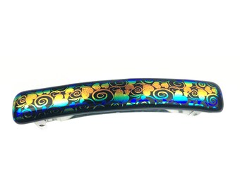 Extra Large Hair Barrette with French Clip, Colorful Dichroic Glass, Hearts