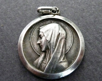 Vintage French Silver Our Lady of Lourdes Medal, Virgin Mary Medal