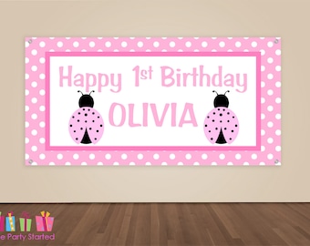 HAPPY BIRTHDAY Banner, Pink Ladybug Birthday Decorations, Ladybug Birthday Backdrop, Party Banner, Girls Birthday Party, Vinyl Banner, Pink