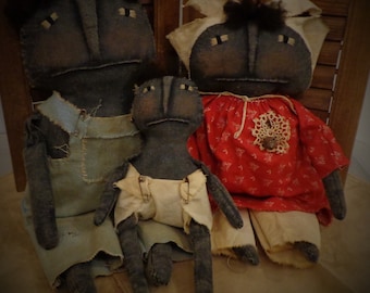 Ready to Ship*Primitive Black Dolls*Family*Folk Art Dolls*Papa-Mama-Baby*Red Dress*