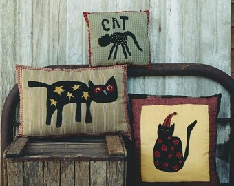 Primitive Halloween Pillow Pattern EPattern PDF Black Cat Pillows Applique Needlepunch Folk Art Folkart Hickety Pickety AS10