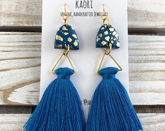 Earrings - Tassel earrings, Statement earrings, polymer clay earrings, denim blue with gold leaf