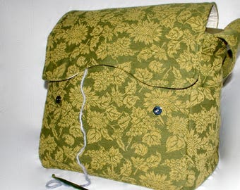Green,Flowers, Knitting Bag, Snag-Free, Zipper-less, Yarn Dispenser, Pro-knitter bag, handbag, yarn storage, crocheting tote, Knit on the go