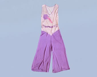 RARE!! 1930s Beach Pajamas / 30s Lavender Rayon Jumpsuit / Art Deco Shapes and Color Block / Wide Leg / Lounge Pajamas