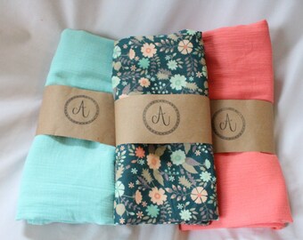 Gauze Swaddle Blankets, Dark Teal Floral, Aqua Swaddle, Coral Swaddle Blanket, Muslin Swaddle Blanket, Handmade Swaddle Blanket