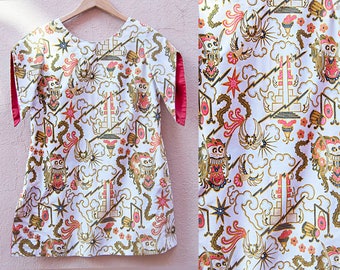 70s handmade white with orange, gold, & black dragon print tunic top with contrast red lined short kimono sleeves