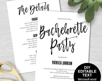Bachelorette party invites, Bachelorette invitation, Bachelorette party invitation template, Bachelorette itinerary, DIY, printable,modern