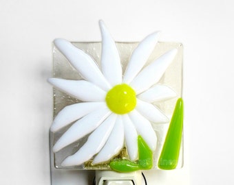 Daisy Night Light Fused Glass White Yellow Easter Nightlight Handmade OOAK