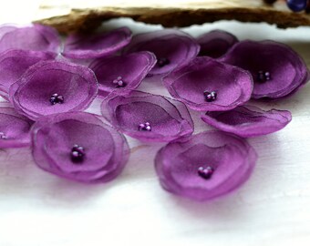 Organza sew on flower appliques, wedding flowers, bulk flowers, artificial cloth flowers, poppy applique (15pcs)- VIOLET PURPLE BLOSSOMS