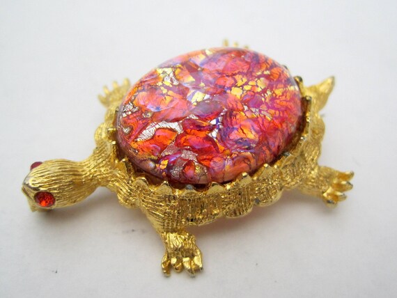 Turtle Brooch, Red Glass Cabochon, Signed 11 W 30th Street, Turtle Pin