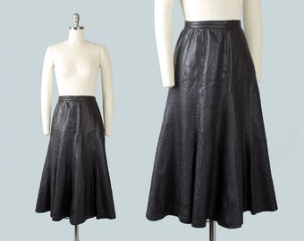 Vintage 1950s Style Skirt | 1970s Black Leather Full Buttery Soft Midi Swing Skirt (small)