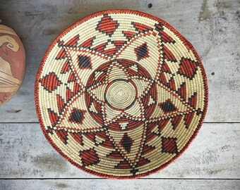 Shallow Woven Basket Earthtone Color, Bohemian Decor, Southwestern Decor Native Style Coiled Basket Wall Decor,Basket Weaving Eclectic Decor