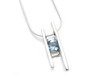 Blue Topaz Sterling Silver Channel Set Gemstone - December Birthstone Necklace - Blue Gem Pendant - London Blue Topaz Necklace - Modern Neck