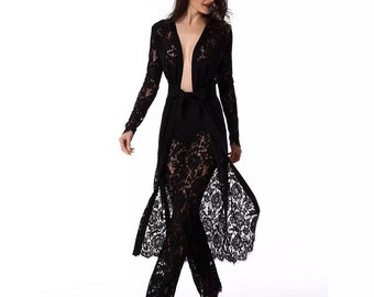 Luxury Black Lace Coat, Lace Pants 2 Piece Set Black