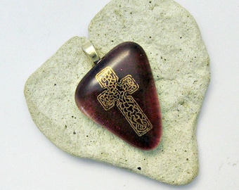 Dichroic Fused Glass Pendant - Gold Cross Pendant