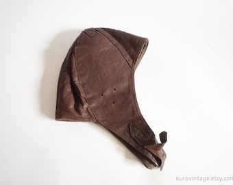 Vintage Leather Aviator Hat Brown Distressed 50s 60s