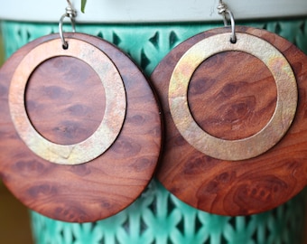 Redwood Burl and Fire-Oxidized Copper Earrings