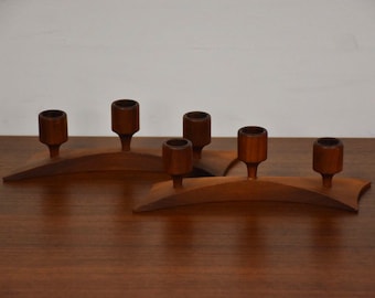 Modern Teak Candle Stick Holders - A Pair