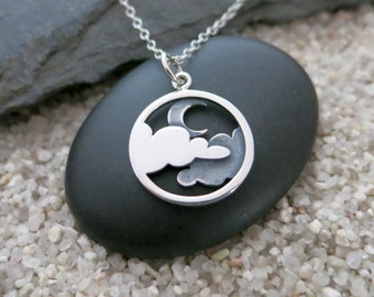 Moon and Cloud Necklace, Sterling Silver Moon and Clouds Pendant, Celestial Necklace, Moon Jewelry