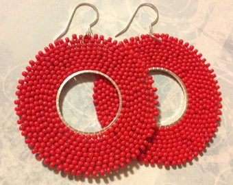 Red Hoop Earrings Seed Bead Hoops Beadwork Jewelry Beaded Earrings