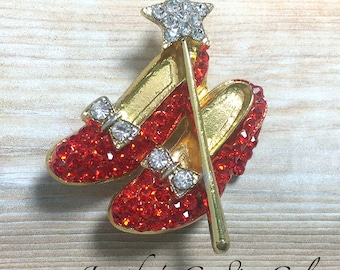30mm Rhinestone Ruby Red Slippers with wand BROOCH, Wizard of Oz, Dorthy Slippers, Red Slippers Brooch, Brooch Embellishment