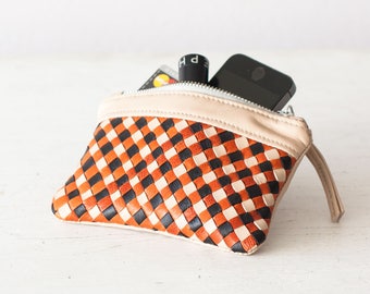 Beige with black and orange leather strips handwoven zipper pouch coin purse zip case small money bag credit card zip purse - The Leto pouch