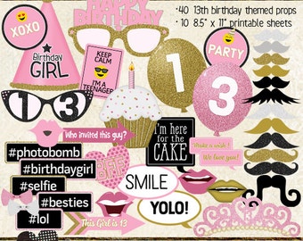 Photo Booth Props, HAPPY 13TH BIRTHDAY, girl, printable sheets, instant download, pink, gold, party