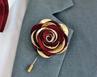 Leather burgundy rose flower pin, burgundy groomsmens boutonniere,maroon boutonniere, bordoux burgundy,gold lapel pin mens lapel flower,