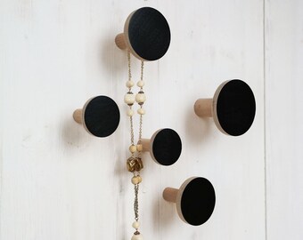 5 Wooden wall hooks / jewelry holders BLACK / coat hooks / wall decor / coat rack / modern home decor / made by LivingIdea / entryway hooks