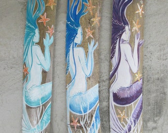 SALE Fantasy Mermaid hand painted on driftwood- custom color- Aqua mermaid- Blue- Purple