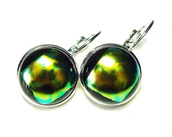 Dichroic Glass Lever Back Earrings - Green, Yellow & Black