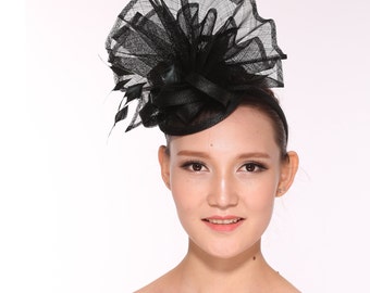 Kentucky Derby Feather Floral Sinamay Headband Fascinator Hat Black
