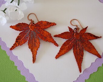 Copper Leaf Earrings, Medium Leaf, Real Japanese Maple Leaf, Real Leaf Earrings, Maple Leaf, Copper, Earrings, Nature, LEP76