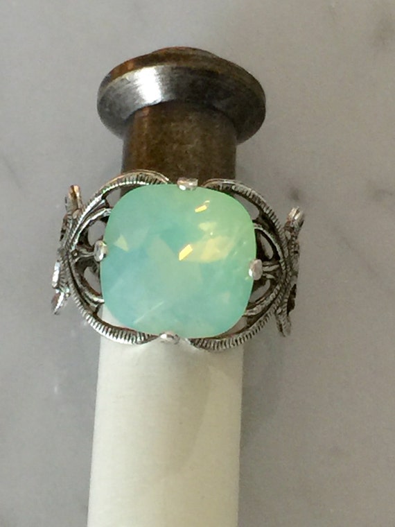 Chrysolite Opal Cushion Cut Crystal Filigree Ring, Silver Oxide